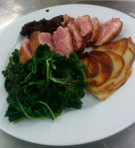 Duck Breasts with a Blackberry & Apple Sauce, with Pommes Anna and Kale sides